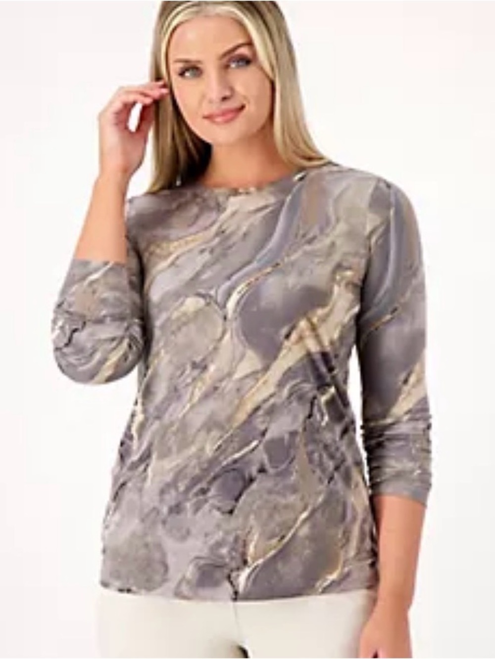 Printed liquid knit marble long sleeve top
